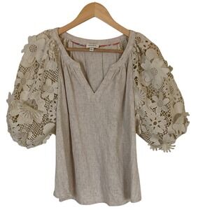 Spunky Monkey Womens‎ Beige Chunky Lace Poof Sleeve Top Size Small Linen Blend